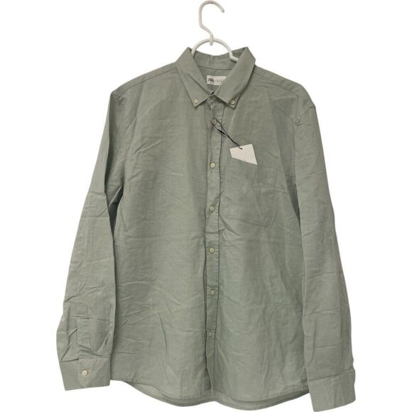Zara Mens Linen Shirt M Medium Light Green Button Down Long Sleeve 1063/467 NWT - Picture 1 of 9